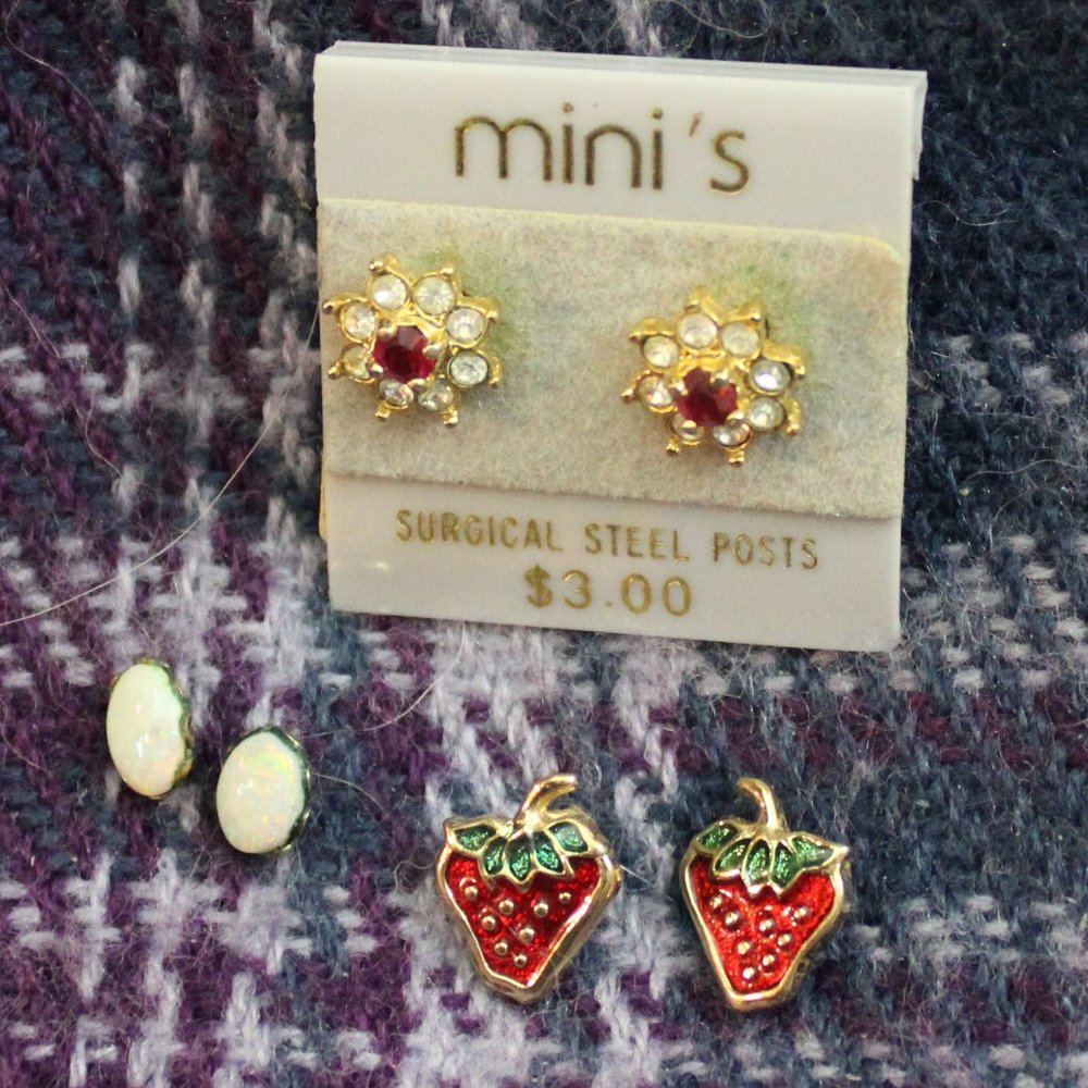 Lot of Opal, Enamel Strawberry and Rhinestone Pierced Earrings